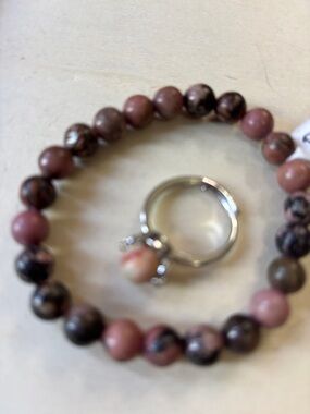 Beaded Rhodonite Stretch Bracelet and Ring Set in Pink